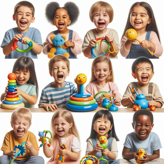 Image of a diverse group of children happily playing with sensory-friendly toys, without showing any distorted faces.