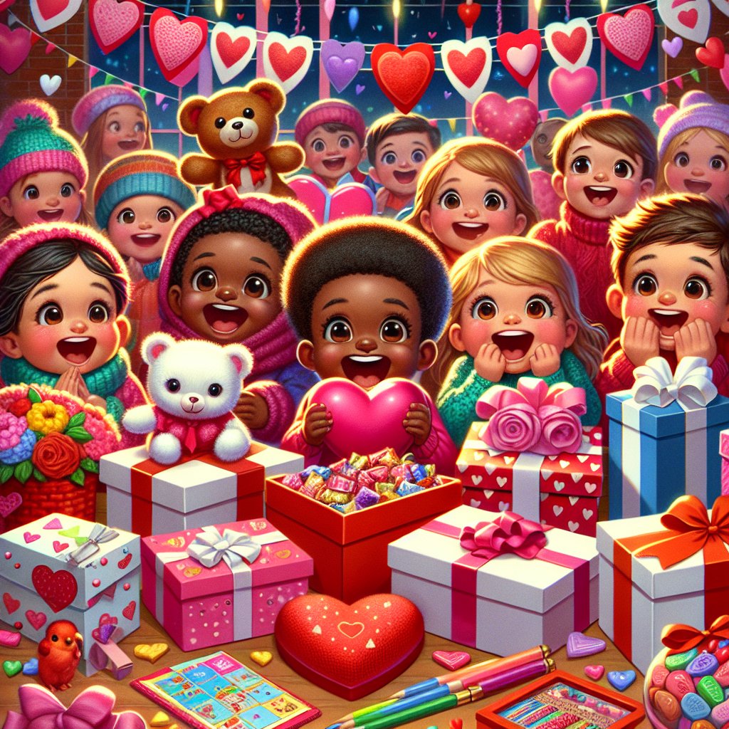 Image of a variety of Valentine's gifts for kids displayed in a fun and colorful setting, ensuring that the faces of any people in the image are not distorted.