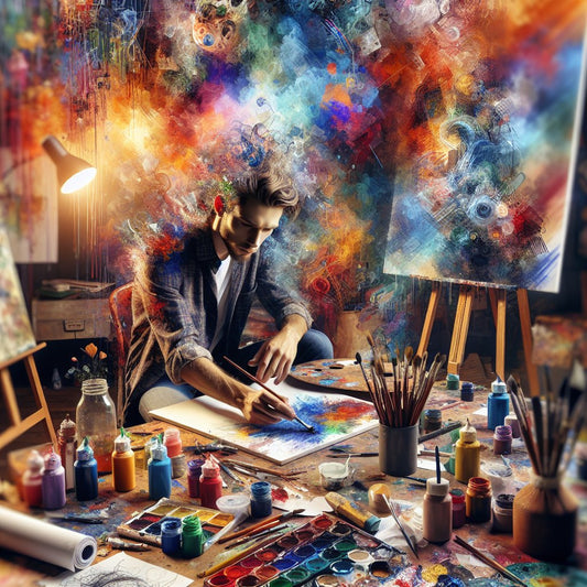 Image of a colorful art studio filled with various art supplies and tools, showcasing a young artist creating a masterpiece. Avoid any distorted faces in the image.