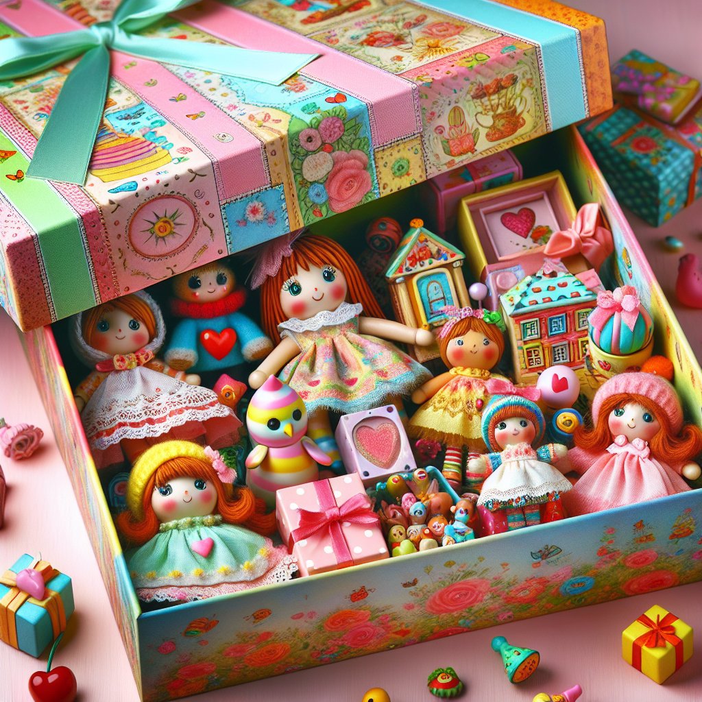 Image of a whimsical and colorful gift box filled with unique and surprising items, suitable for a 9-year-old girl, without any distorted faces.