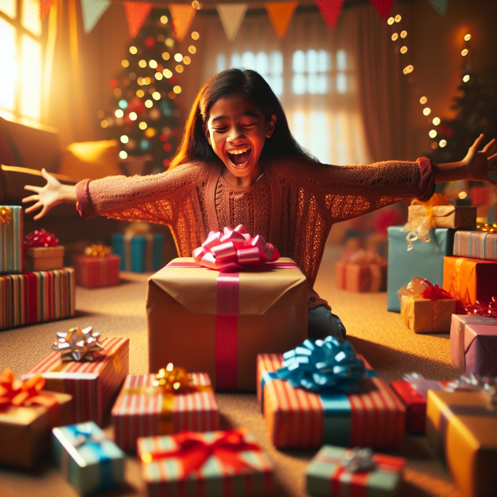 Image of a 10-year-old girl happily opening birthday gifts, ensuring that the faces are not distorted.