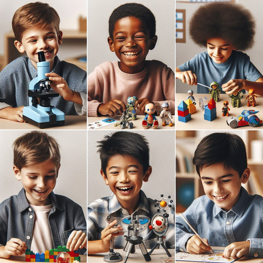 Image of a diverse group of happy 9-year-old boys enjoying various educational toys and games, ensuring that their faces are not distorted.