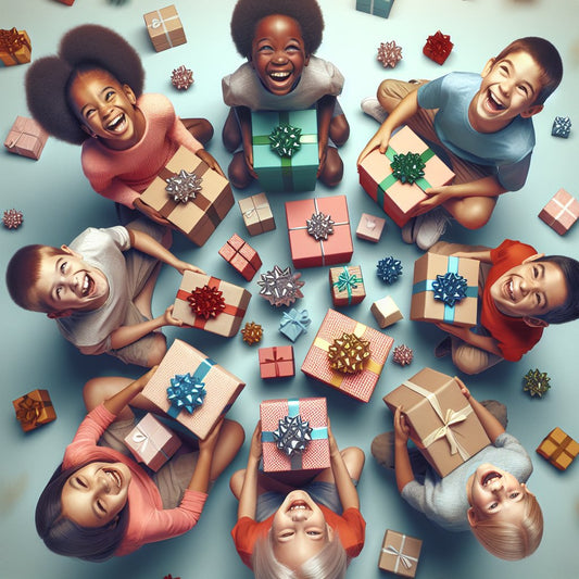 Image of a diverse group of happy children unwrapping various gifts, ensuring that their faces are not distorted.