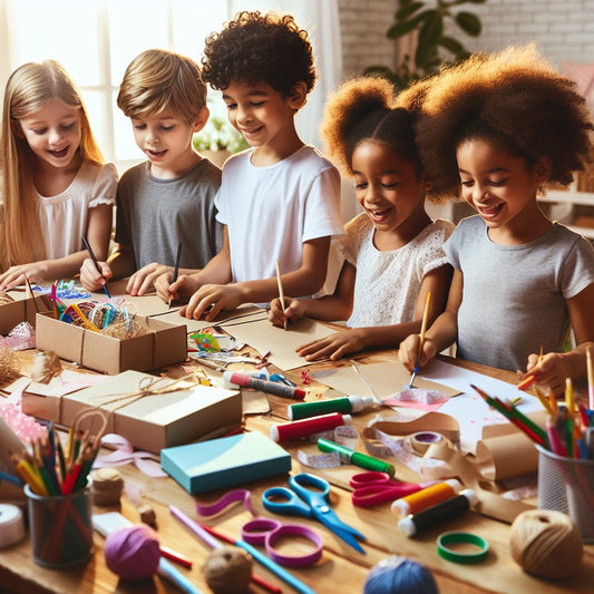 Image of children creating handmade gifts for Father's Day, ensuring that the faces are not distorted.