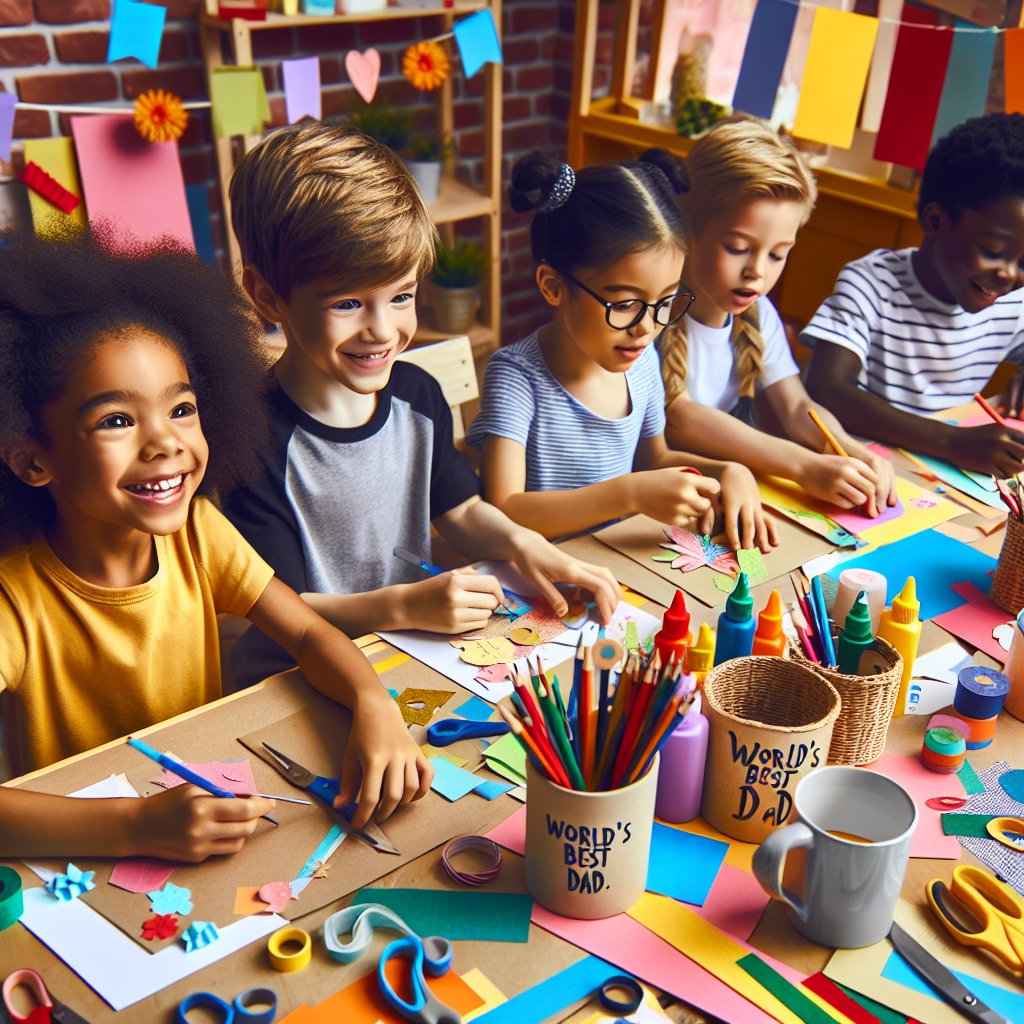 "Create an image of children happily crafting homemade gifts for Father's Day, ensuring that the faces are not distorted."