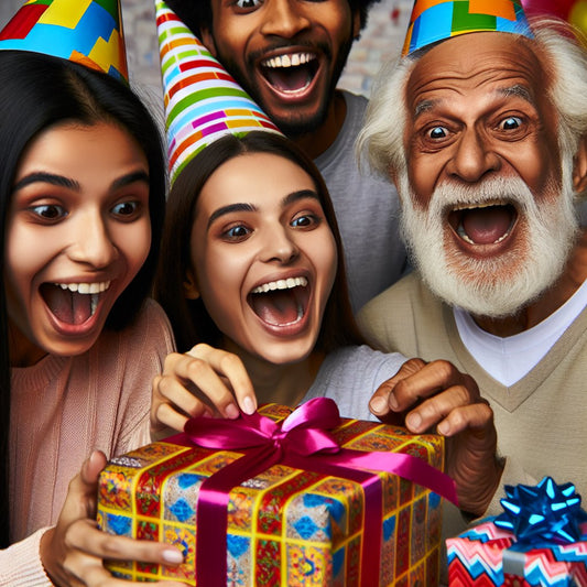 Image of a diverse group of people of various ages and genders excitedly unwrapping birthday gifts, with a focus on the surprise and joy on their faces. Avoid any distorted facial features in the image.