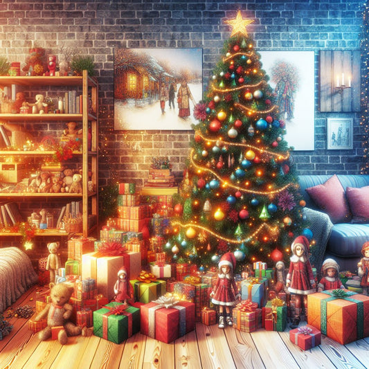 Image of a cozy living room scene with various personalized Christmas gifts for kids, such as toys and books, beautifully wrapped under a decorated Christmas tree. Ensure that the faces of any people in the image are not distorted.