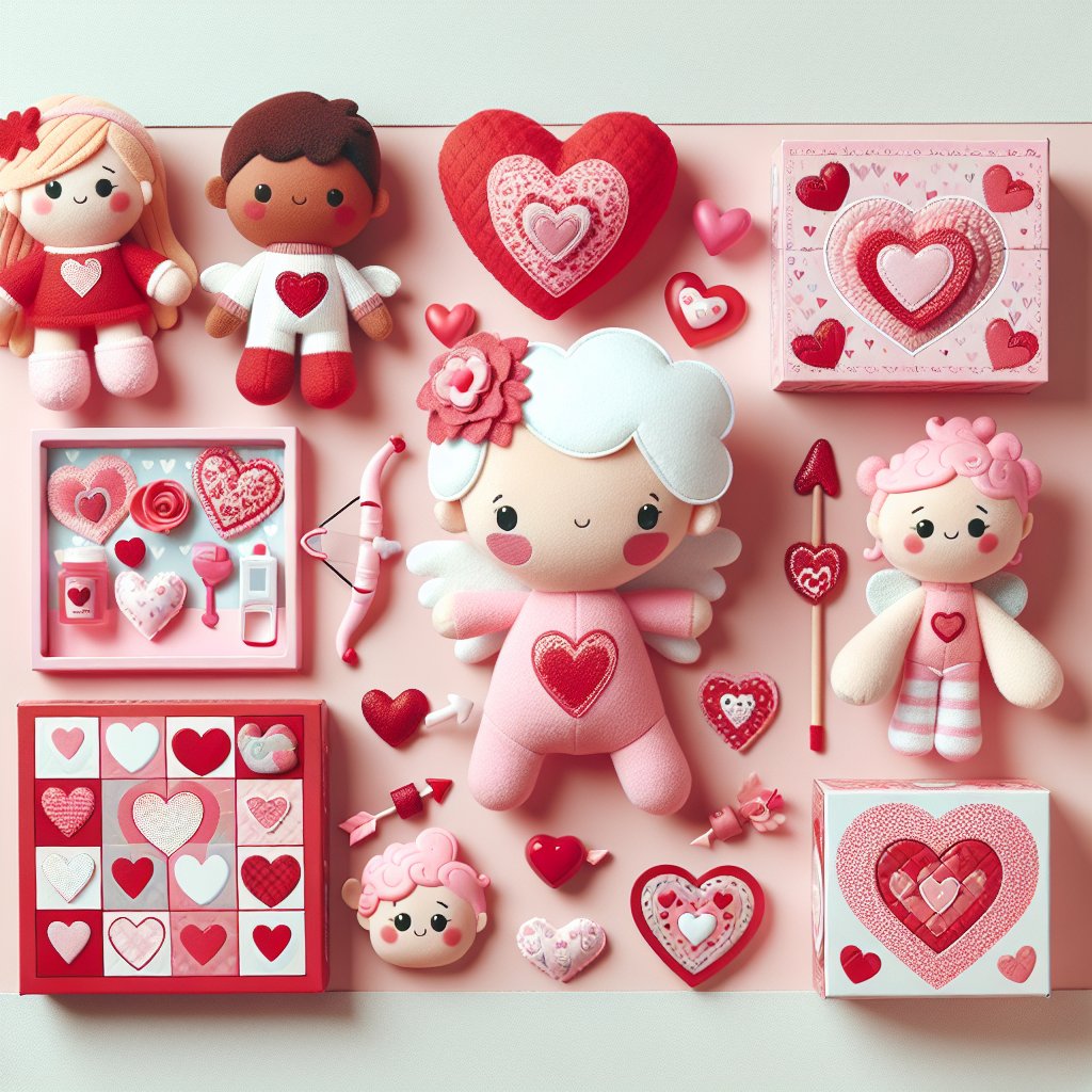 Image of various Valentine's Day themed toys and gifts for kids, ensuring that the faces in the image are not distorted.