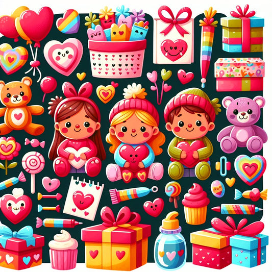 Image of various Valentine's Day gifts for kids in a playful and colorful setting, ensuring that the faces of any people in the image are not distorted.