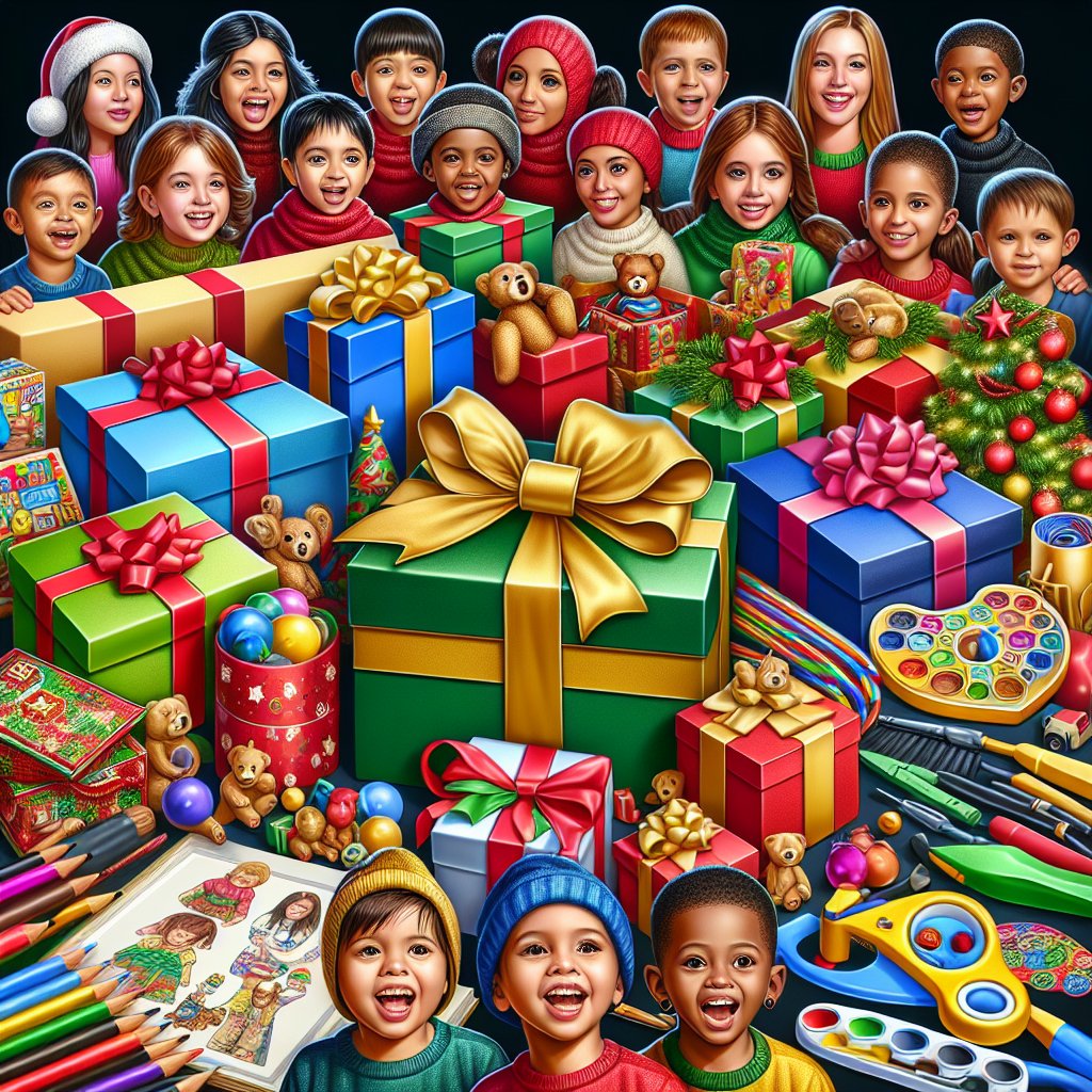 Image of various colorful and engaging Christmas gifts for kids, ensuring that the faces in the image are not distorted.