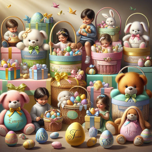 "Image of a variety of personalized Easter gifts for kids, including custom baskets, monogrammed plush toys, and engraved Easter eggs. Ensure that the faces of any people in the image are not distorted."