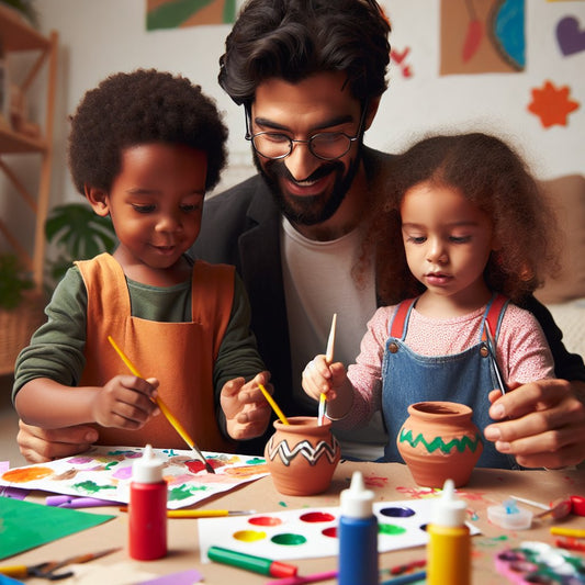 "Create an image of children happily engaged in various DIY crafts with their dad, ensuring that the faces are not distorted."