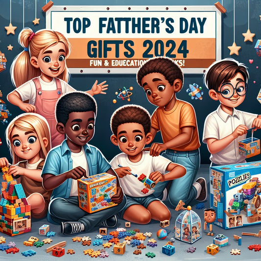 Image of a diverse group of children happily playing with educational toys and games, with a banner in the background that says "Top Father's Day Gifts 2024: Fun & Educational Picks!". Avoid any distorted faces in the image.