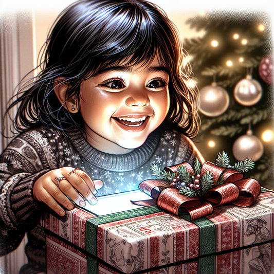 Image of a personalized Christmas gift being unwrapped by a child with a joyful expression, ensuring that the faces are clear and not distorted.