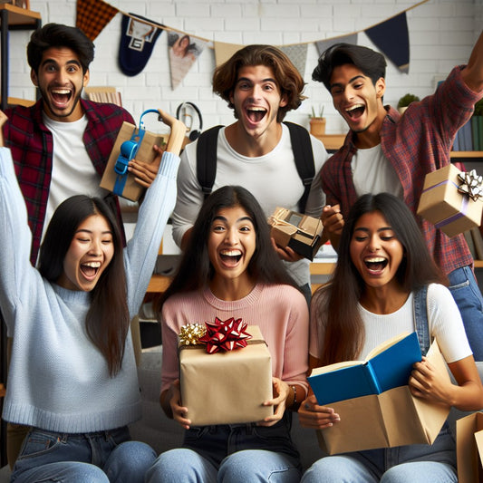 Image of a diverse group of college students happily receiving various gifts in a dorm room setting, ensuring that the faces are not distorted.